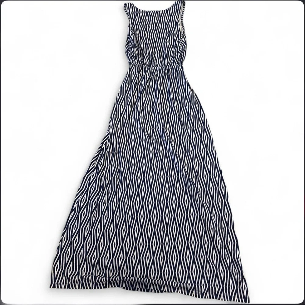 Gap Navy White Geometric Argyle Maxi Dress XS Boho Sleeveless Flowy - Picture 2 of 4
